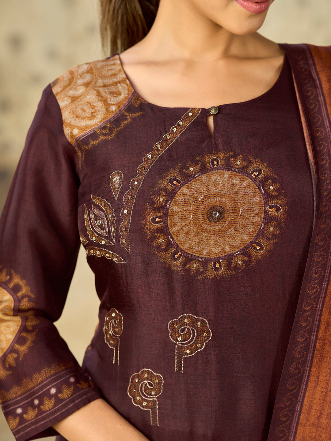Brown Printed With Handwork Straight Kurta With Dyed Trousers And Printed Dupatta