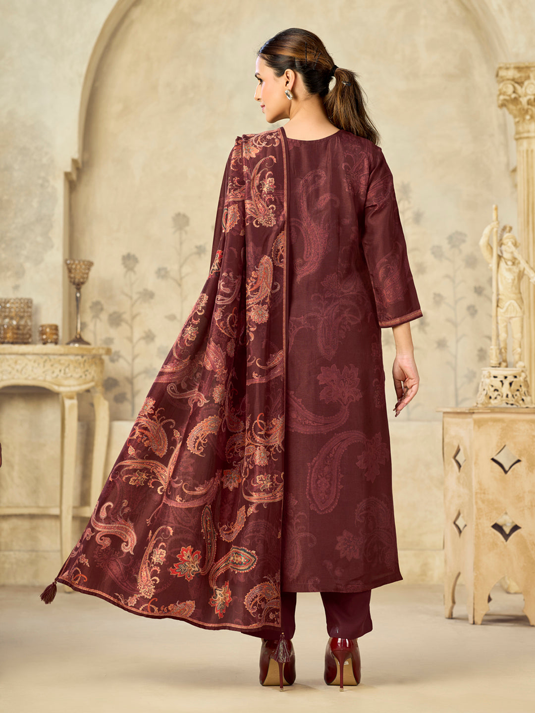 Brown Printed With Handwork Straight Kurta With Dyed Trousers And Printed Dupatta