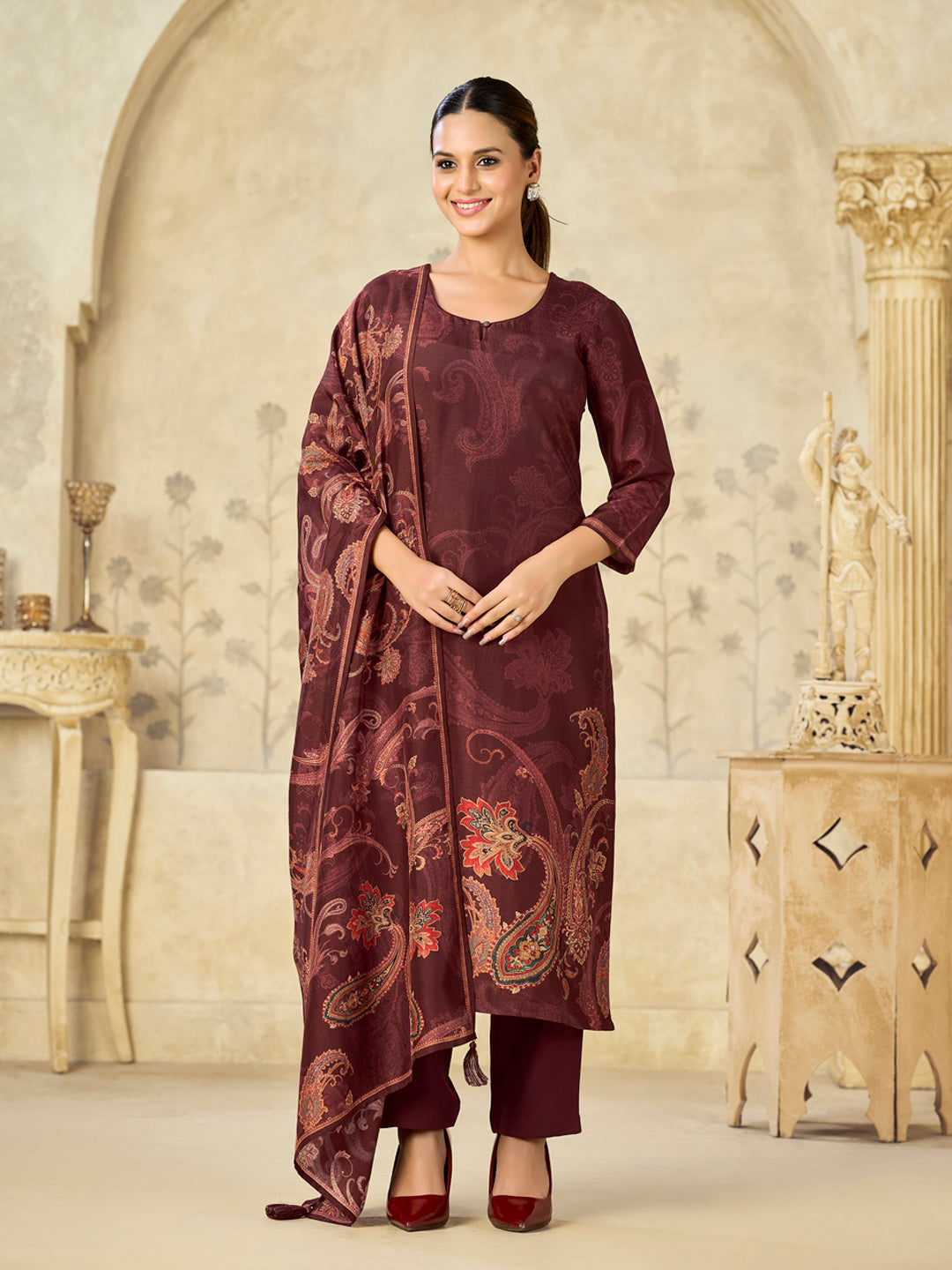 Brown Printed With Handwork Straight Kurta With Dyed Trousers And Printed Dupatta