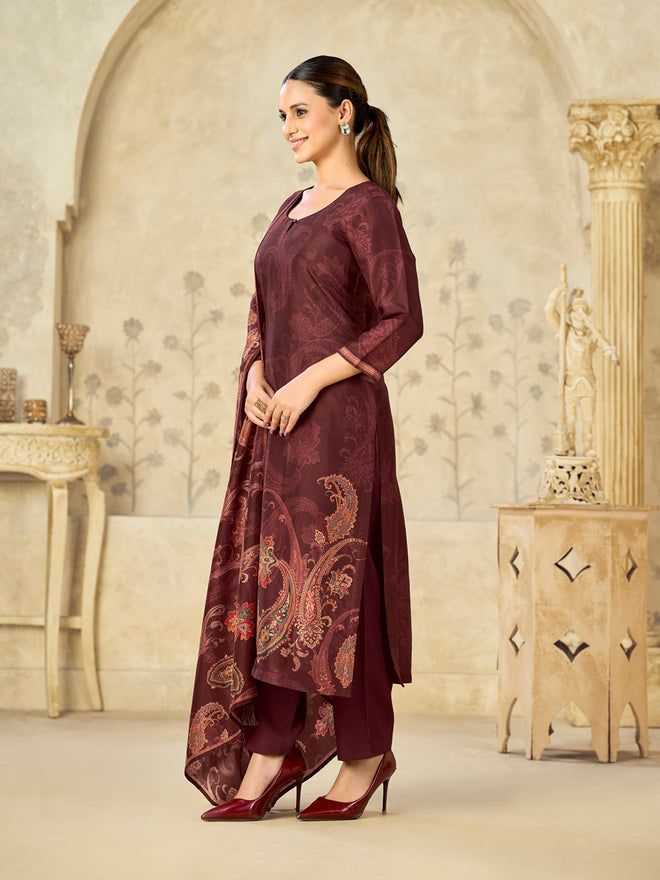 Brown Light And Dark Printed With Handwork Straight Kurta With Dyed Trousers And Printed Dupatta