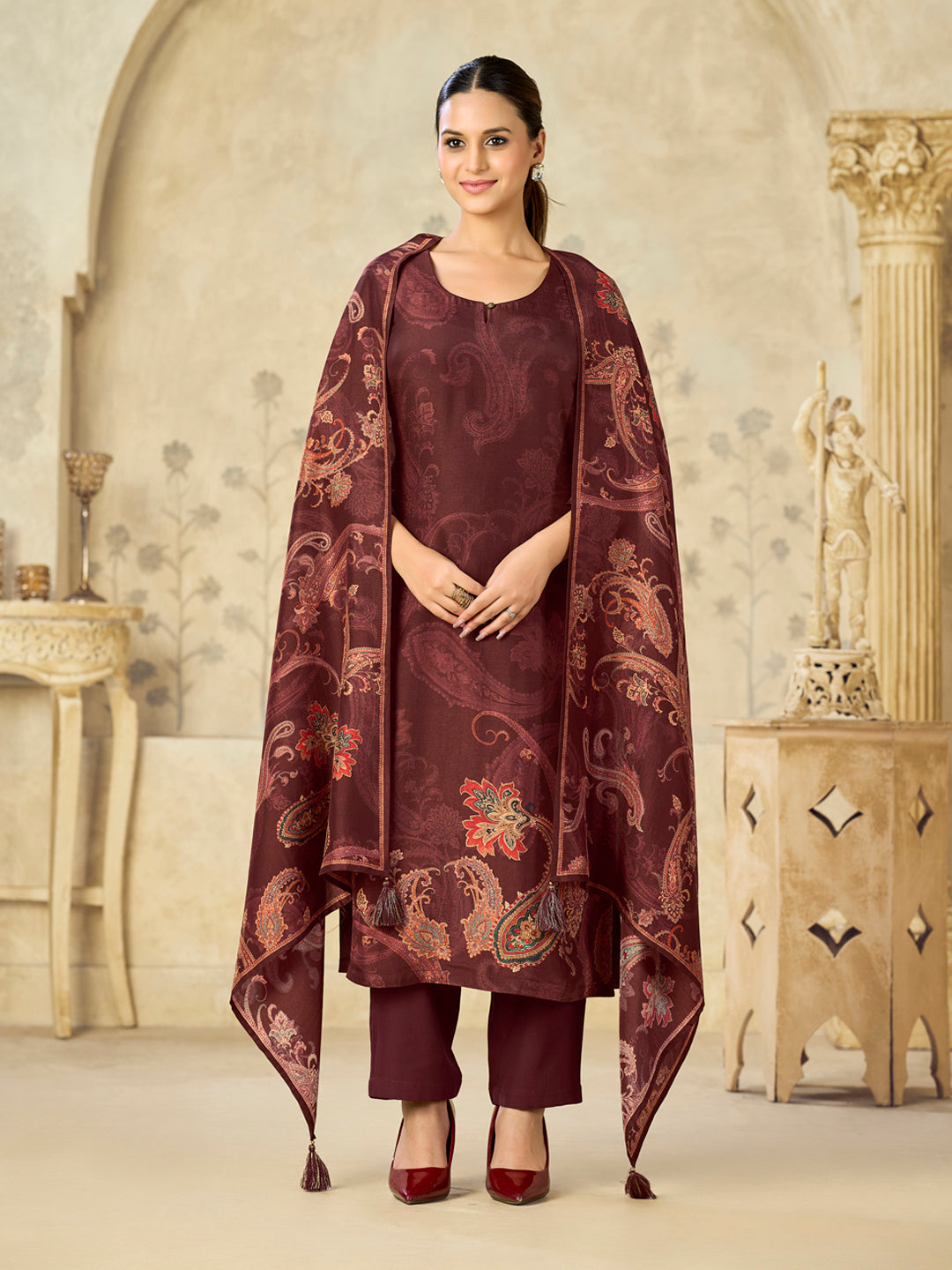 Brown Printed With Handwork Straight Kurta With Dyed Trousers And Printed Dupatta