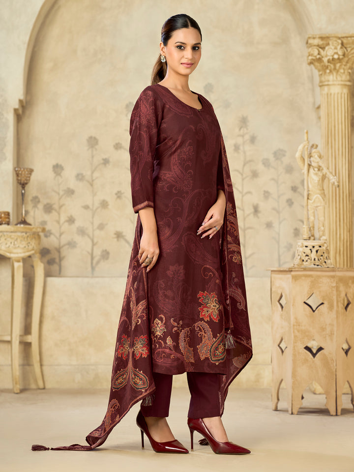 Brown Printed With Handwork Straight Kurta With Dyed Trousers And Printed Dupatta