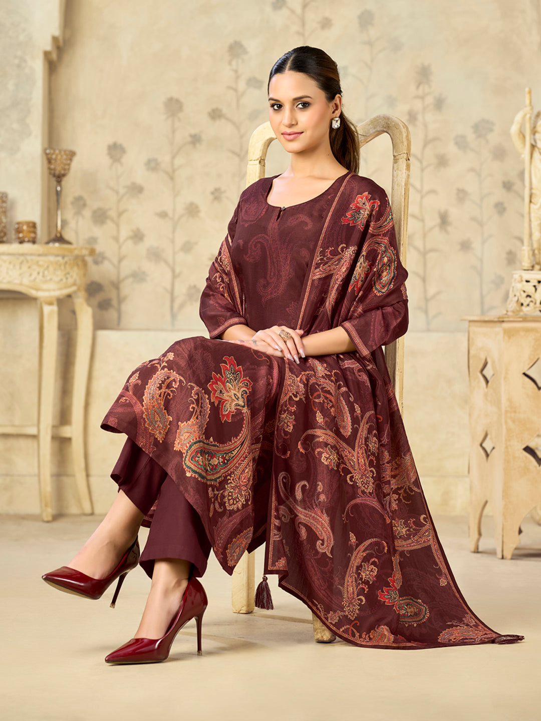 Brown Printed With Handwork Straight Kurta With Dyed Trousers And Printed Dupatta