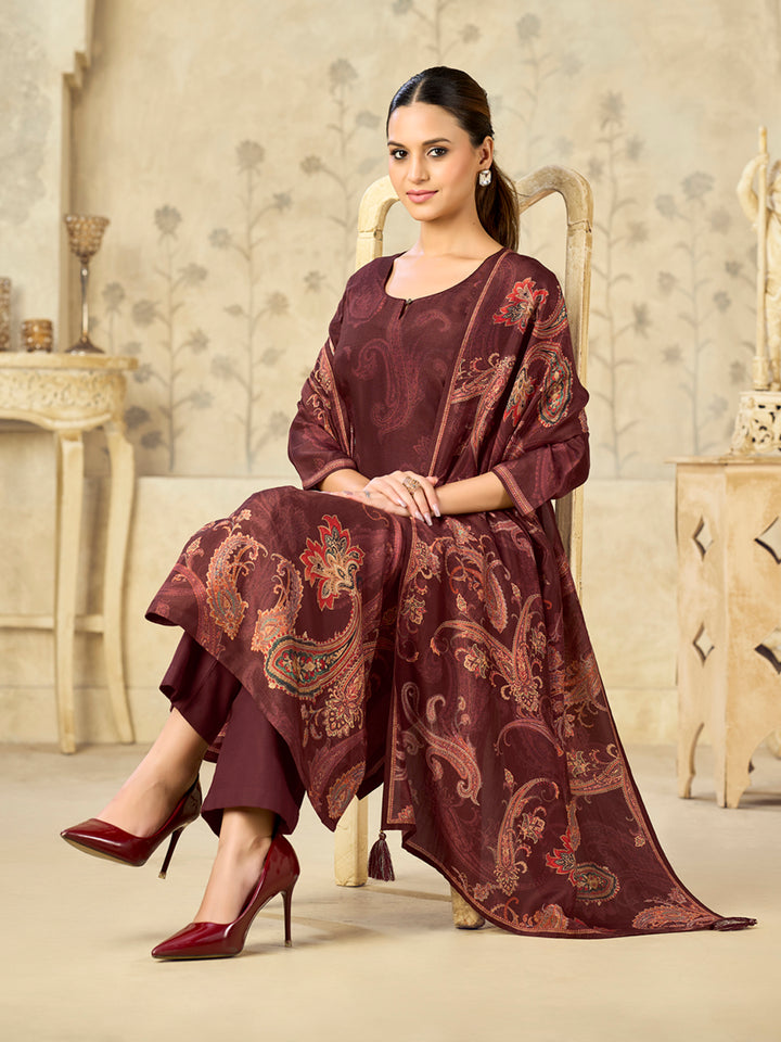 Brown Printed With Handwork Straight Kurta With Dyed Trousers And Printed Dupatta