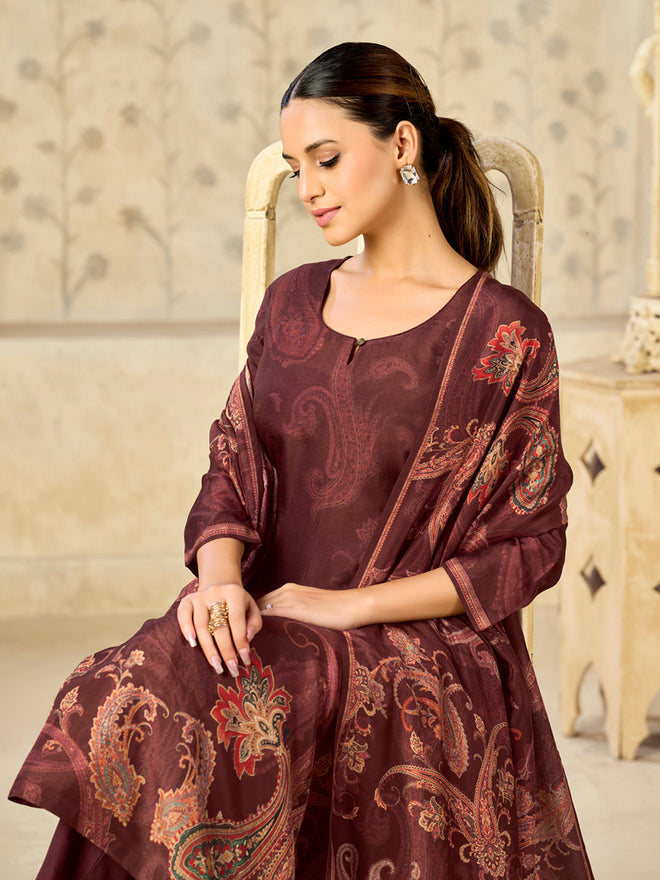 Brown Light And Dark Printed With Handwork Straight Kurta With Dyed Trousers And Printed Dupatta