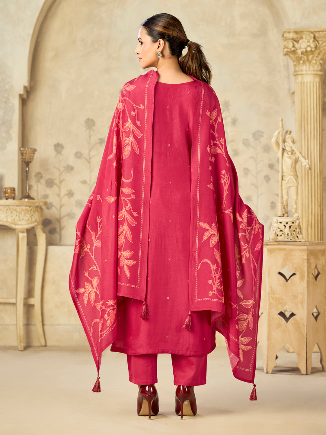 Red Printed With Handwork Straight Kurta With Dyed Trousers And Printed Dupatta