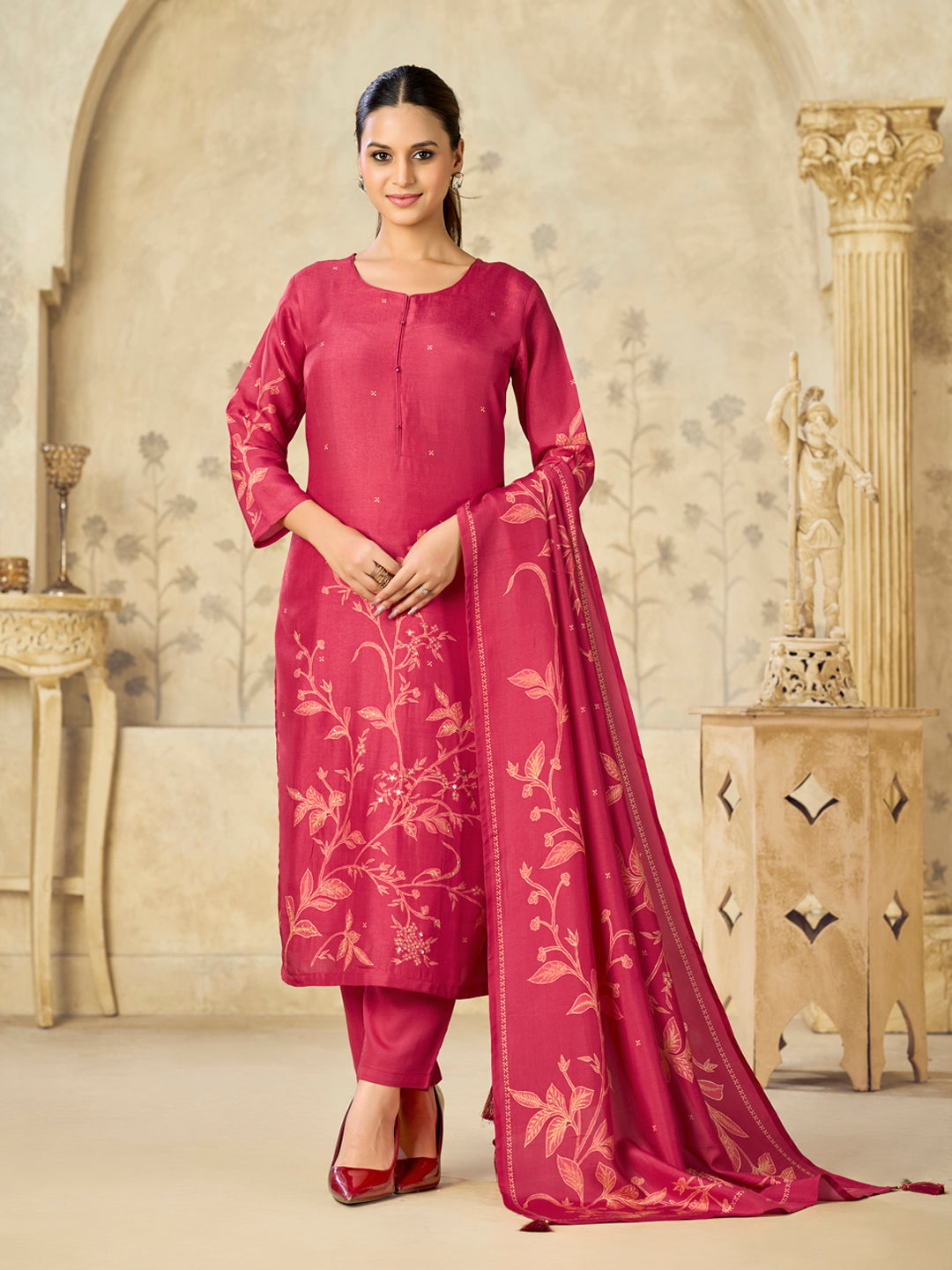 Red Printed With Handwork Straight Kurta With Dyed Trousers And Printed Dupatta
