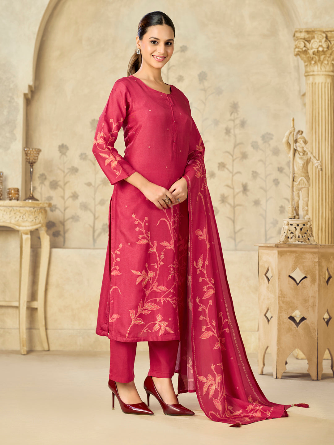 Red Printed With Handwork Straight Kurta With Dyed Trousers And Printed Dupatta