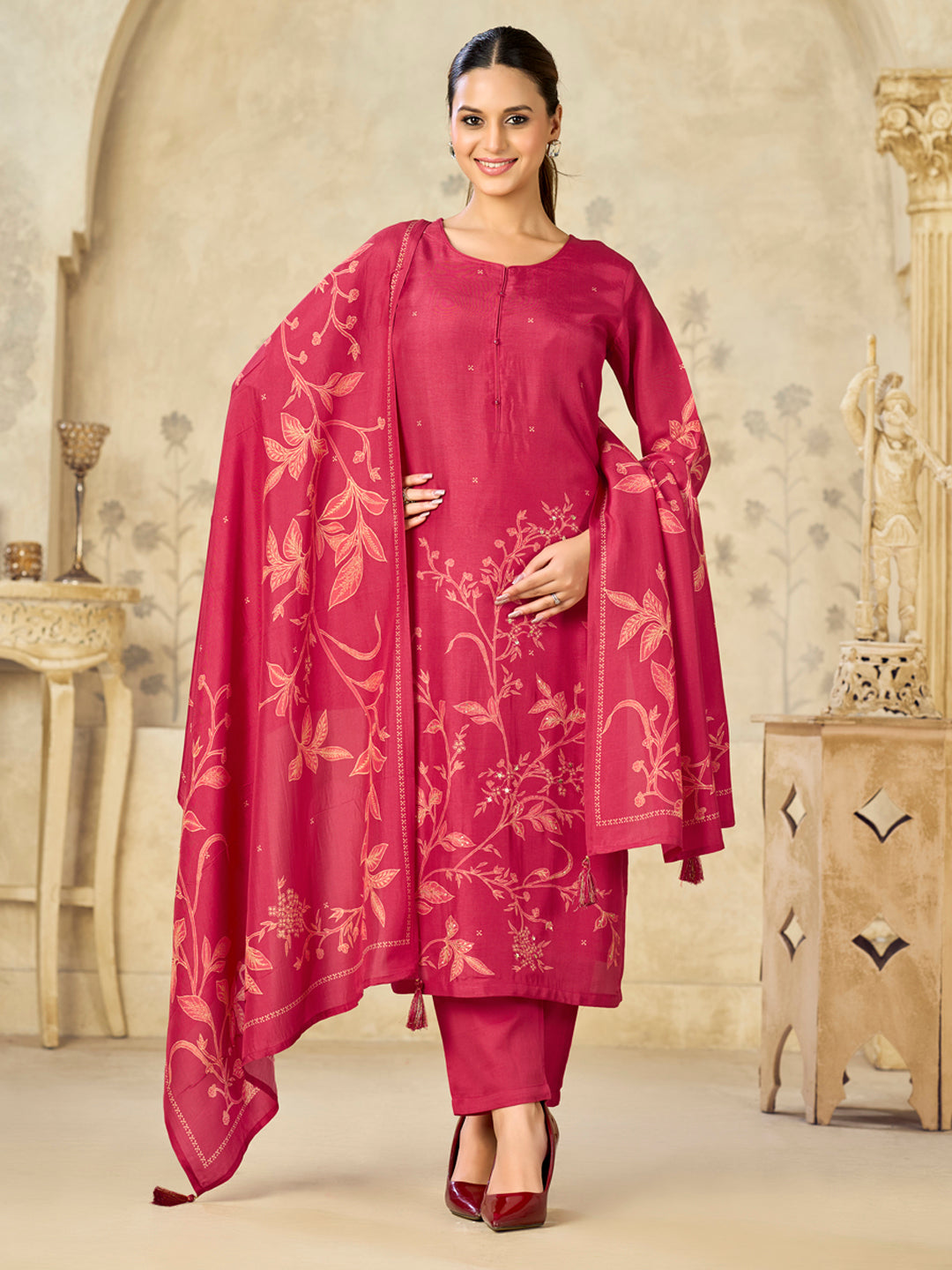 Red Printed With Handwork Straight Kurta With Dyed Trousers And Printed Dupatta
