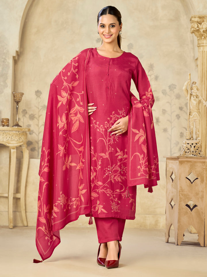 Red Printed With Handwork Straight Kurta With Dyed Trousers And Printed Dupatta