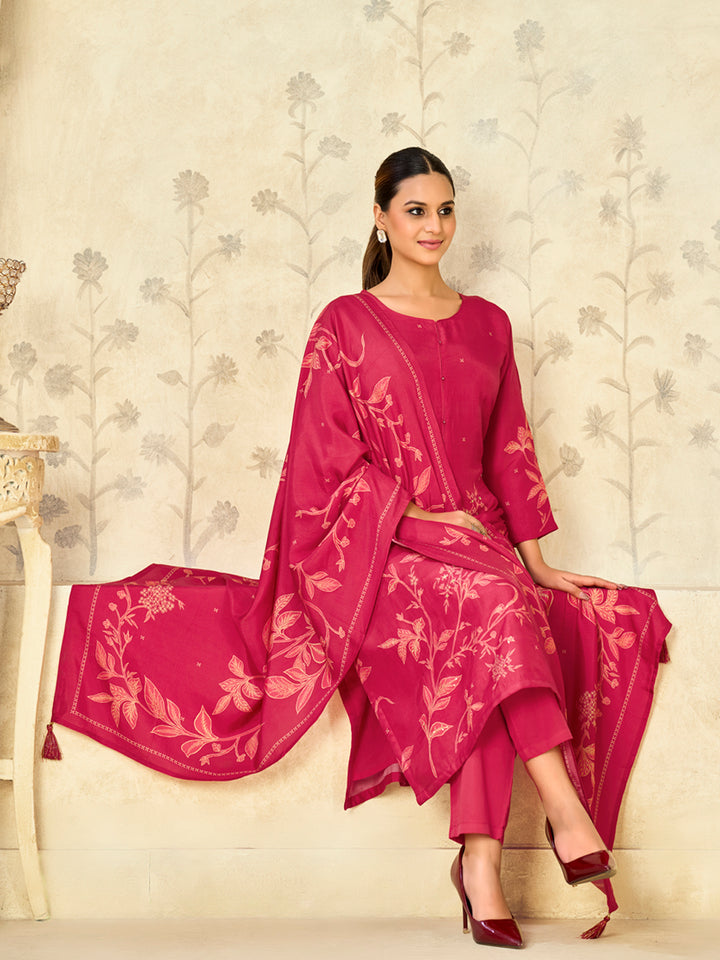 Red Printed With Handwork Straight Kurta With Dyed Trousers And Printed Dupatta