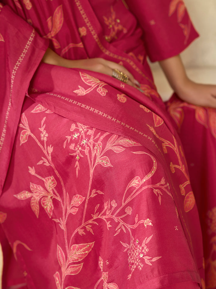 Red Printed With Handwork Straight Kurta With Dyed Trousers And Printed Dupatta