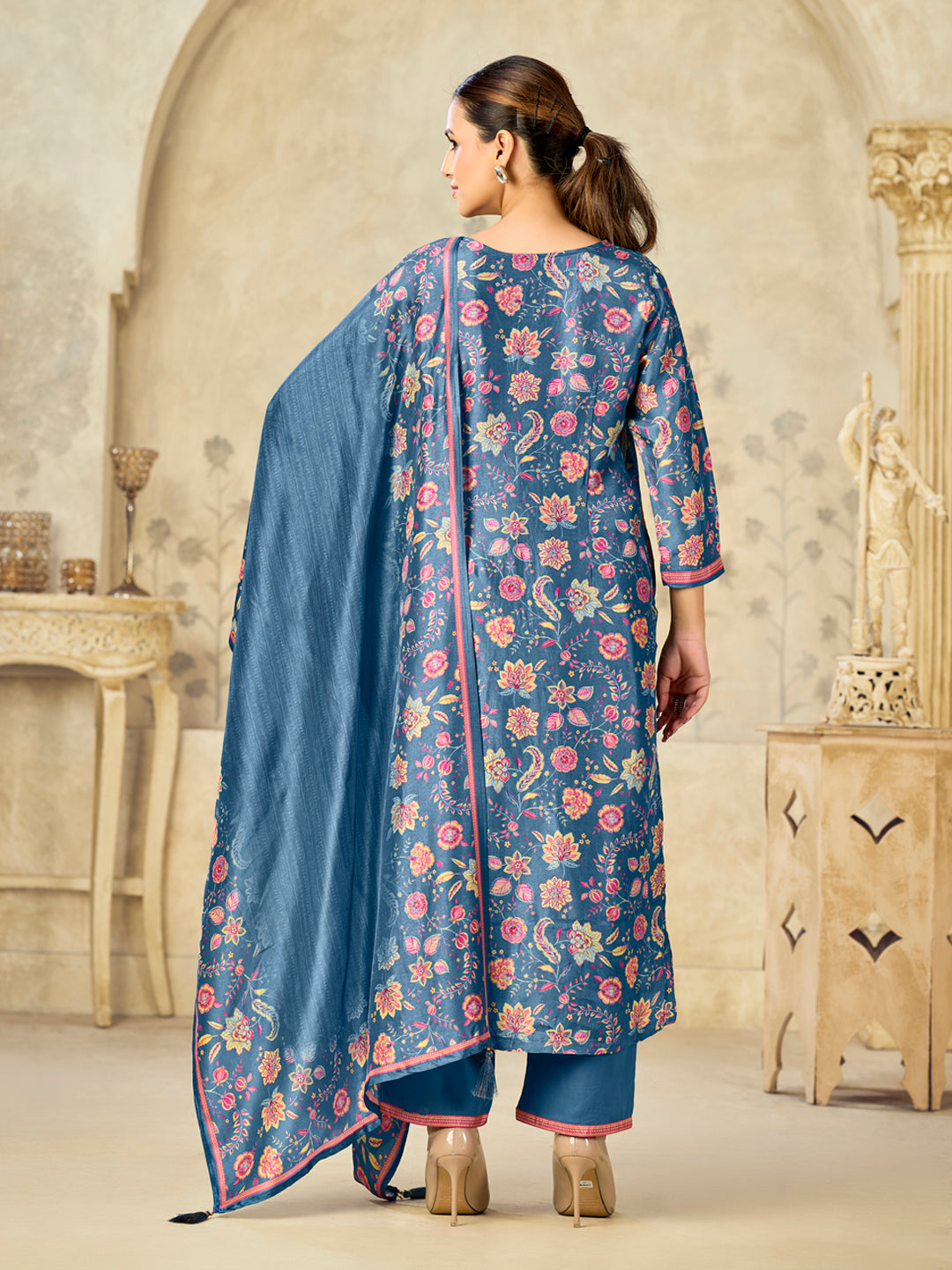 Blue Printed With Handwork Straight Kurta With Dyed Trousers And Printed Dupatta