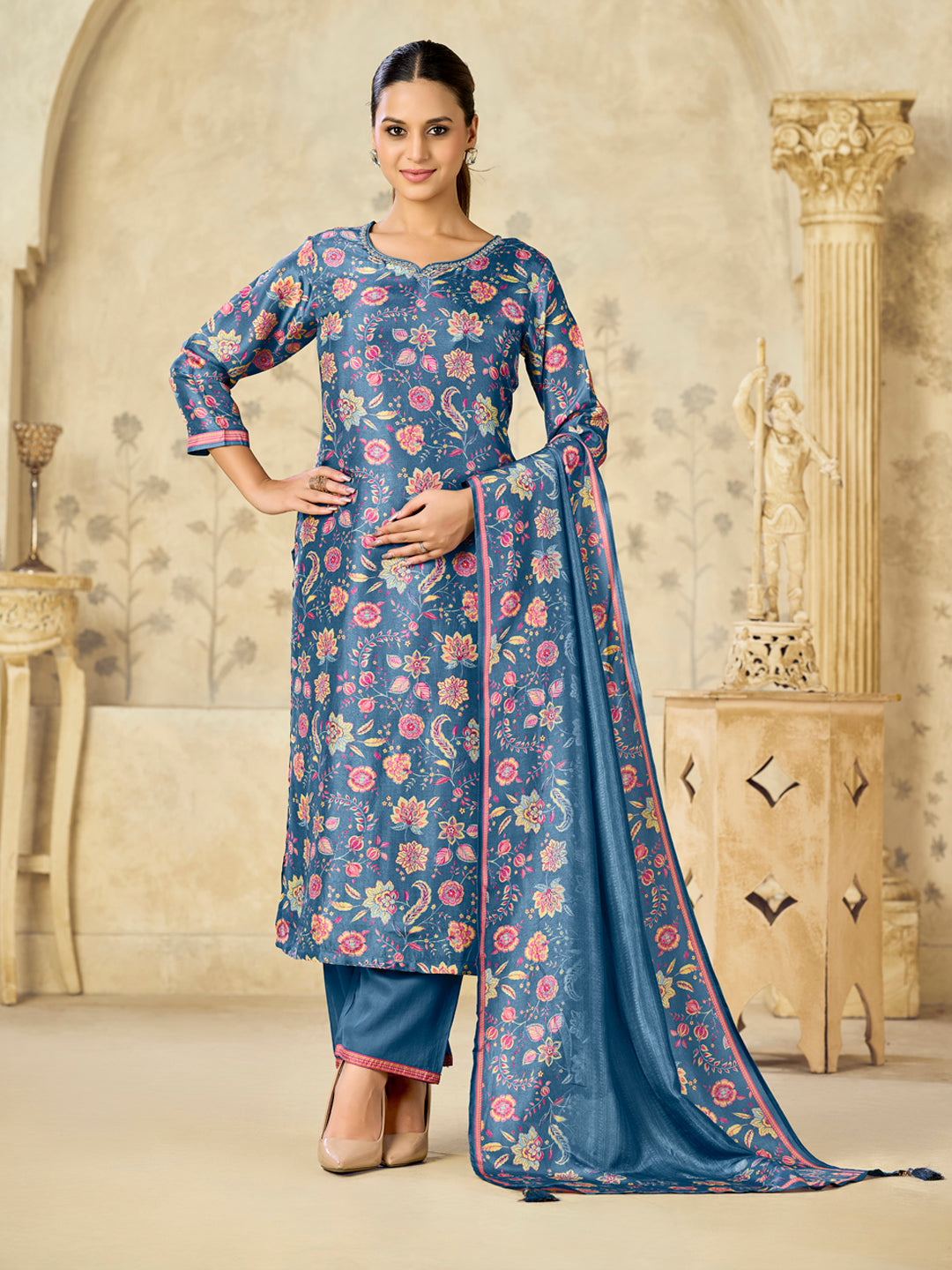 Blue Printed With Handwork Straight Kurta With Dyed Trousers And Printed Dupatta
