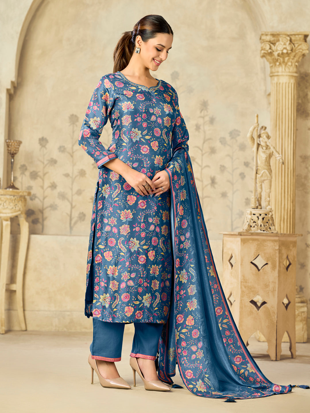 Blue Printed With Handwork Straight Kurta With Dyed Trousers And Printed Dupatta
