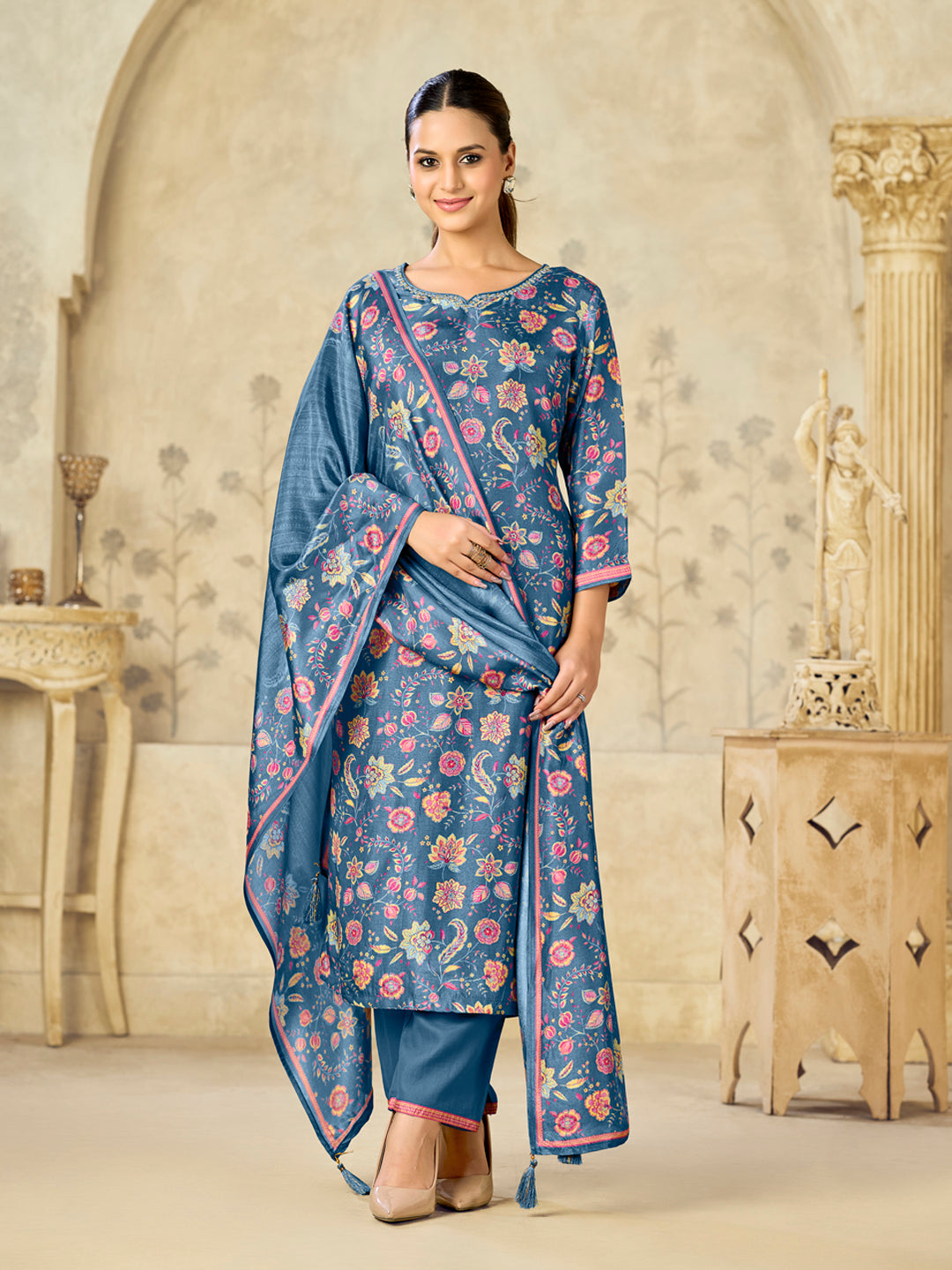 Blue Printed With Handwork Straight Kurta With Dyed Trousers And Printed Dupatta