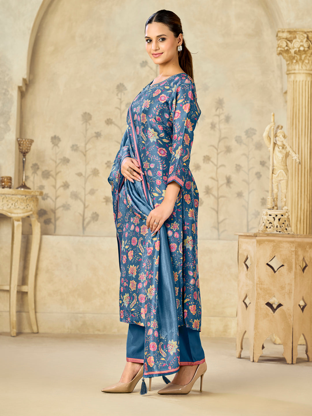 Blue Printed With Handwork Straight Kurta With Dyed Trousers And Printed Dupatta