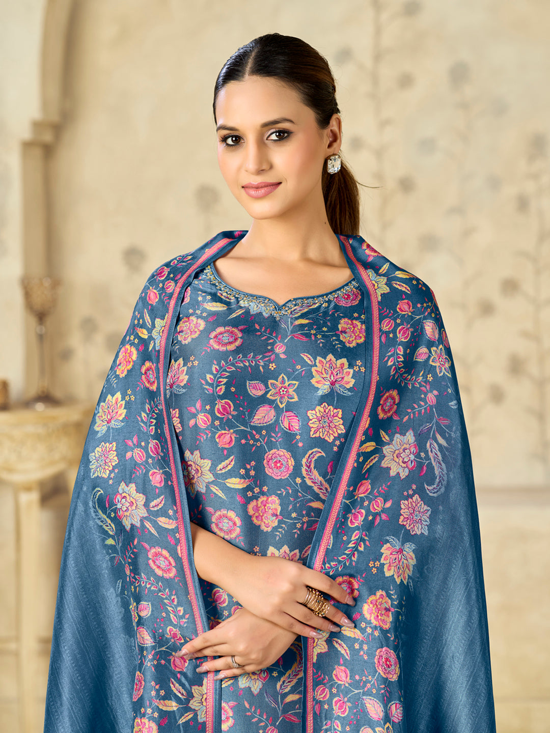 Blue Printed With Handwork Straight Kurta With Dyed Trousers And Printed Dupatta