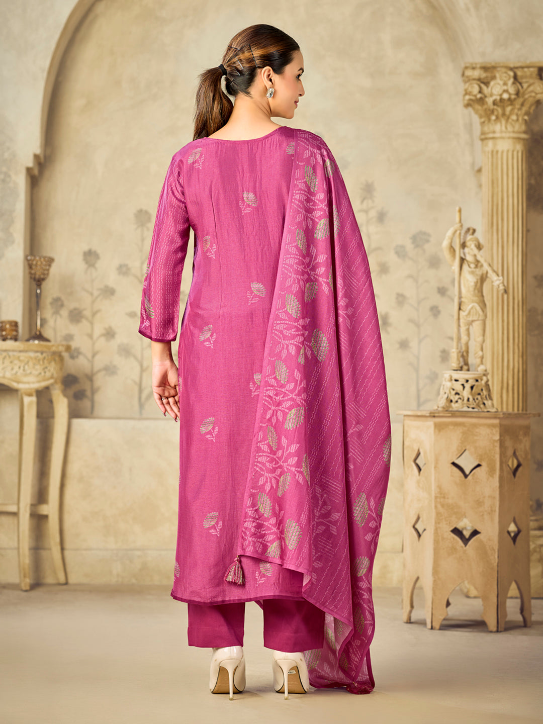 Pink Printed With Handwork Straight Kurta With Dyed Trousers And Printed Dupatta