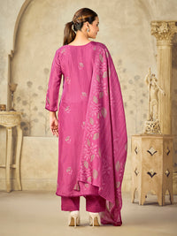 Pink Printed With Handwork Straight Kurta With Dyed Trousers And Printed Dupatta