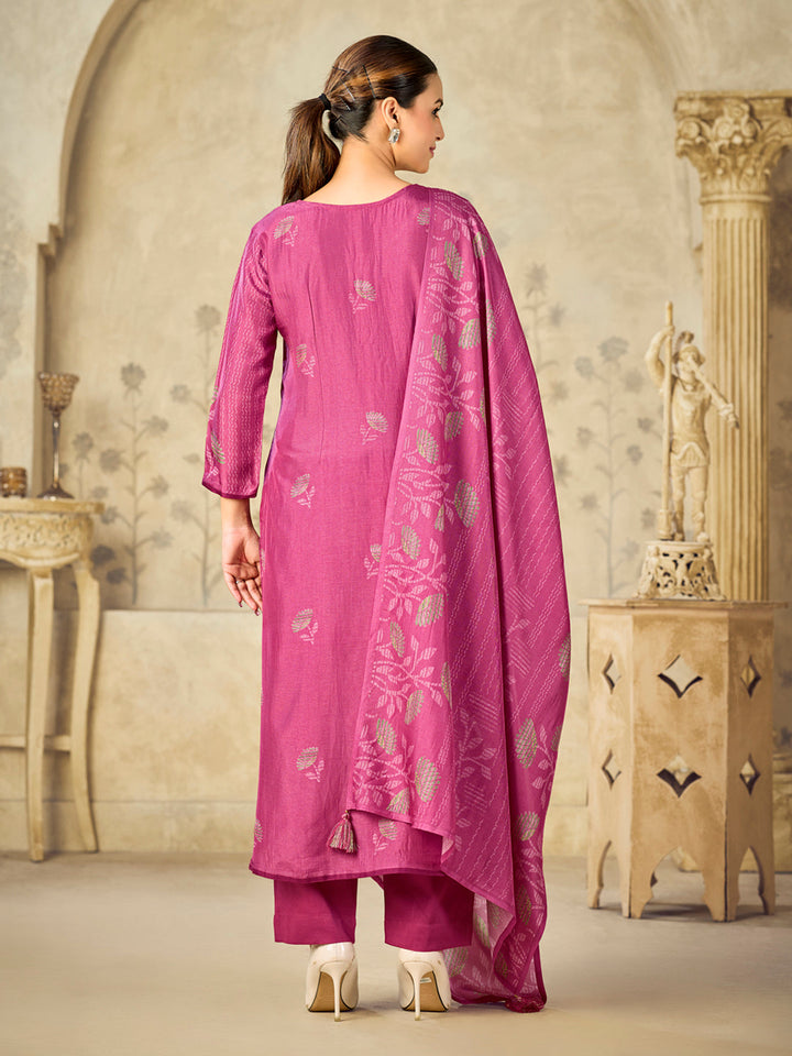 Pink Printed With Handwork Straight Kurta With Dyed Trousers And Printed Dupatta