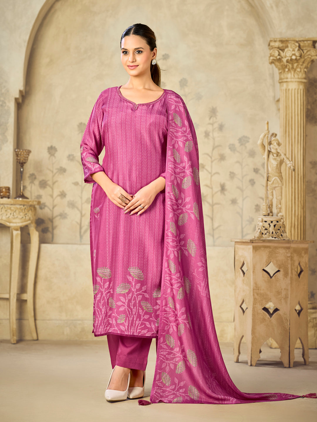 Pink Printed With Handwork Straight Kurta With Dyed Trousers And Printed Dupatta
