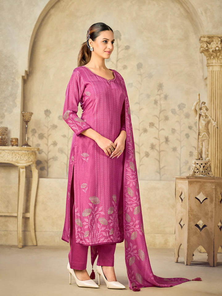 Pink Printed With Handwork Straight Kurta With Dyed Trousers And Printed Dupatta