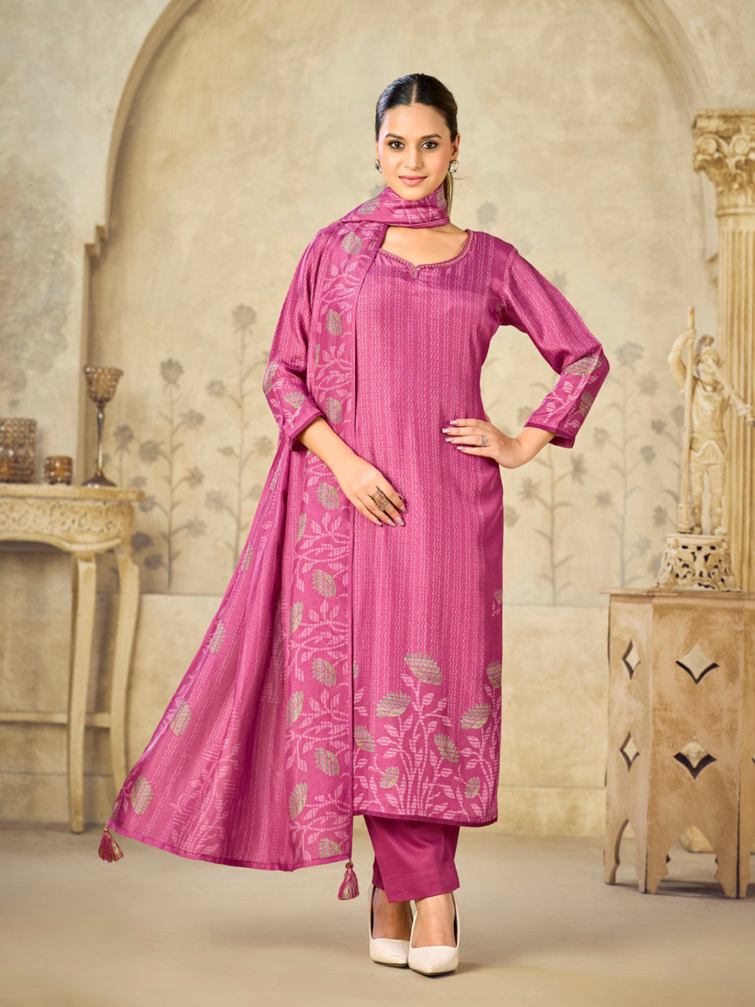 Pink Printed With Handwork Straight Kurta With Dyed Trousers And Printed Dupatta