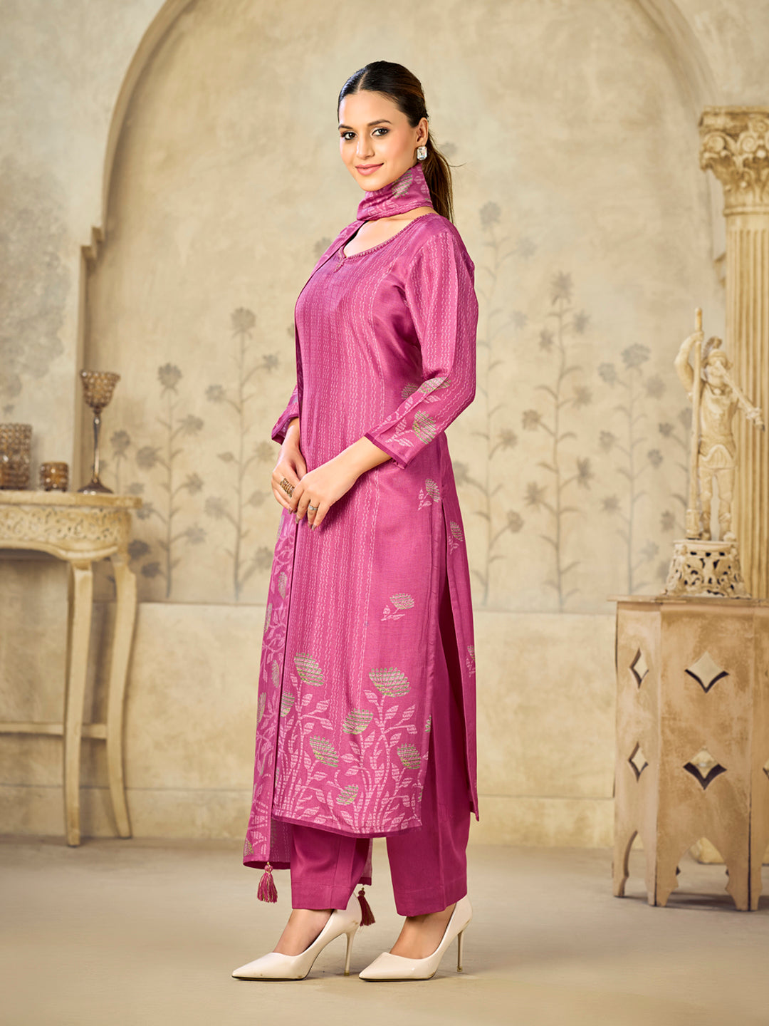 Pink Printed With Handwork Straight Kurta With Dyed Trousers And Printed Dupatta
