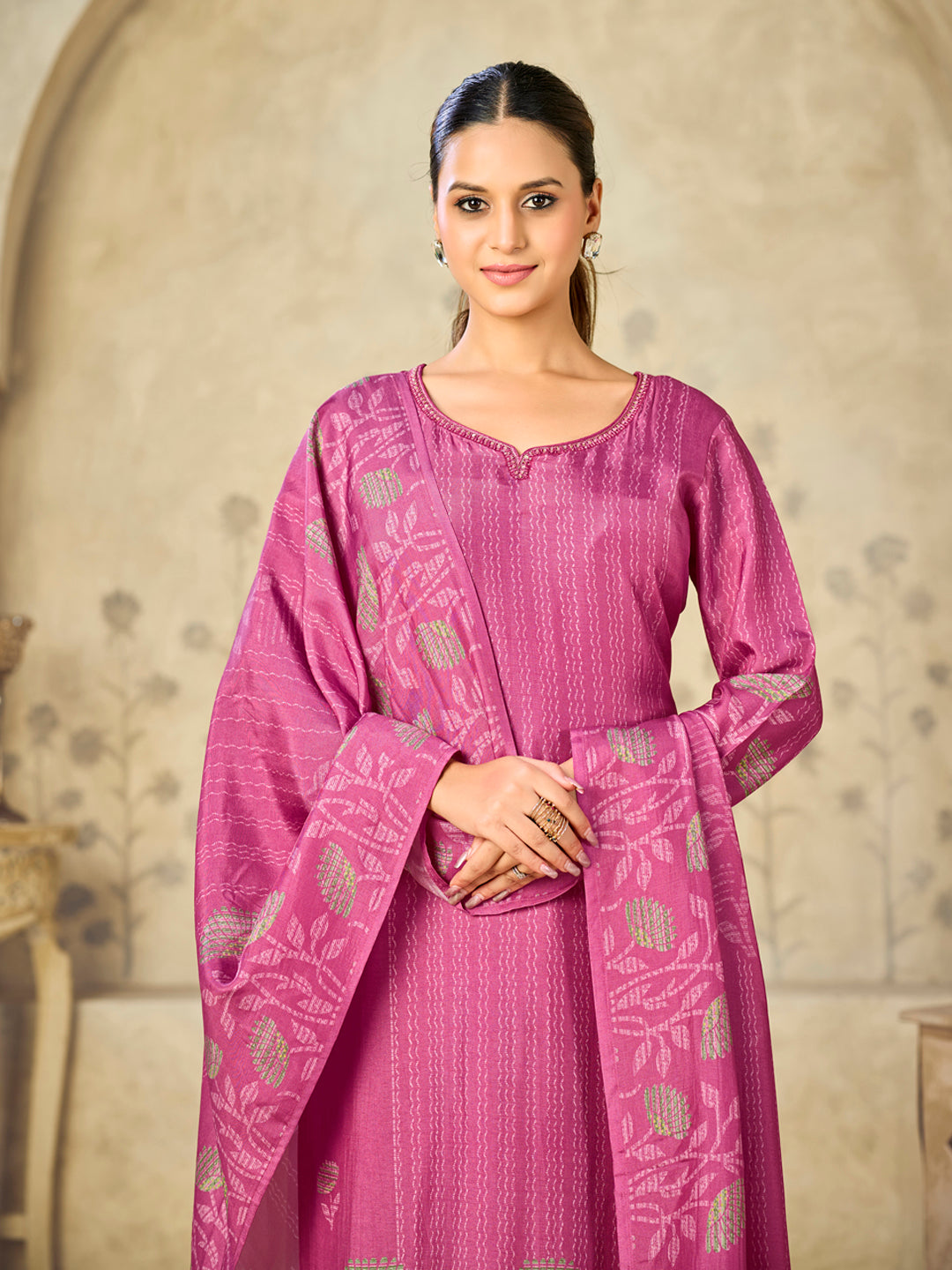Pink Printed With Handwork Straight Kurta With Dyed Trousers And Printed Dupatta