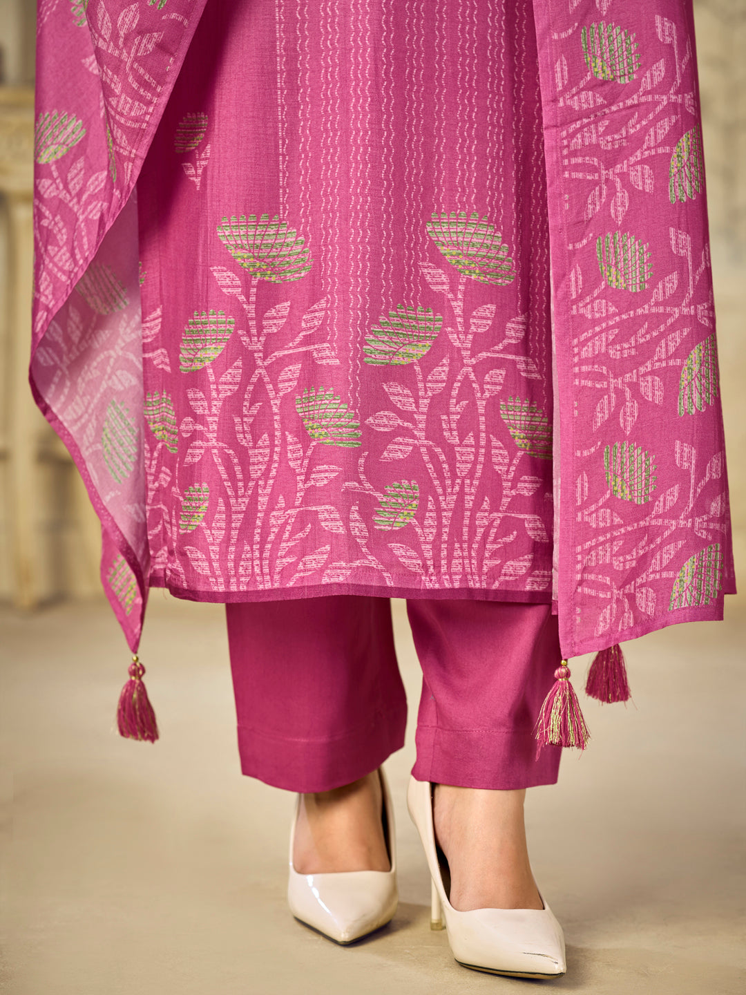 Pink Printed With Handwork Straight Kurta With Dyed Trousers And Printed Dupatta