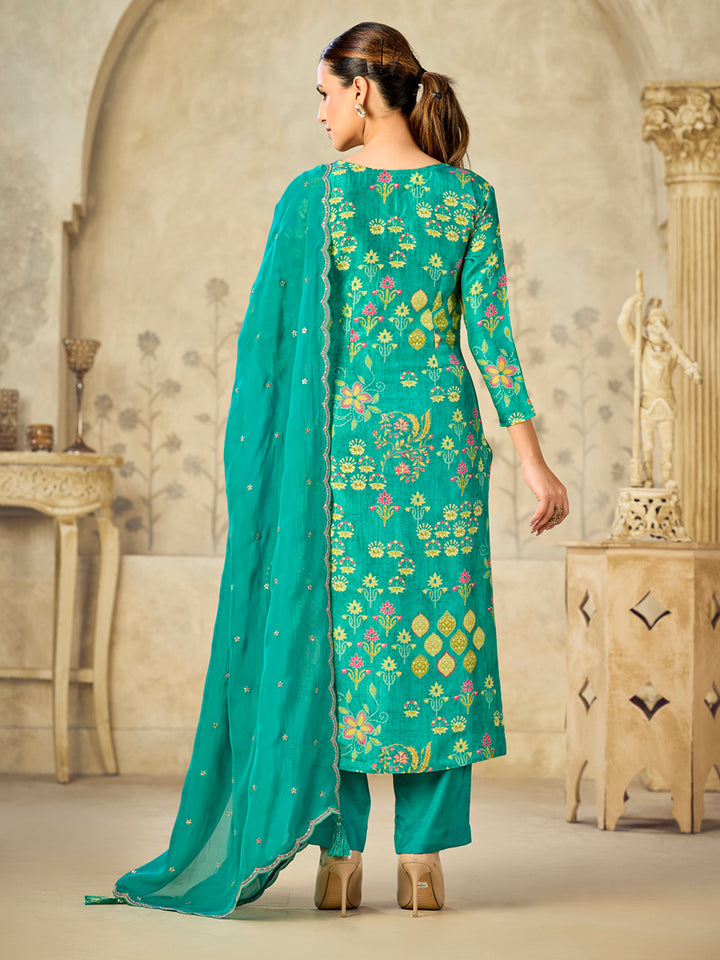 Green Printed With Handwork Straight Kurta With Dyed Trousers And Embroidered Dupatta