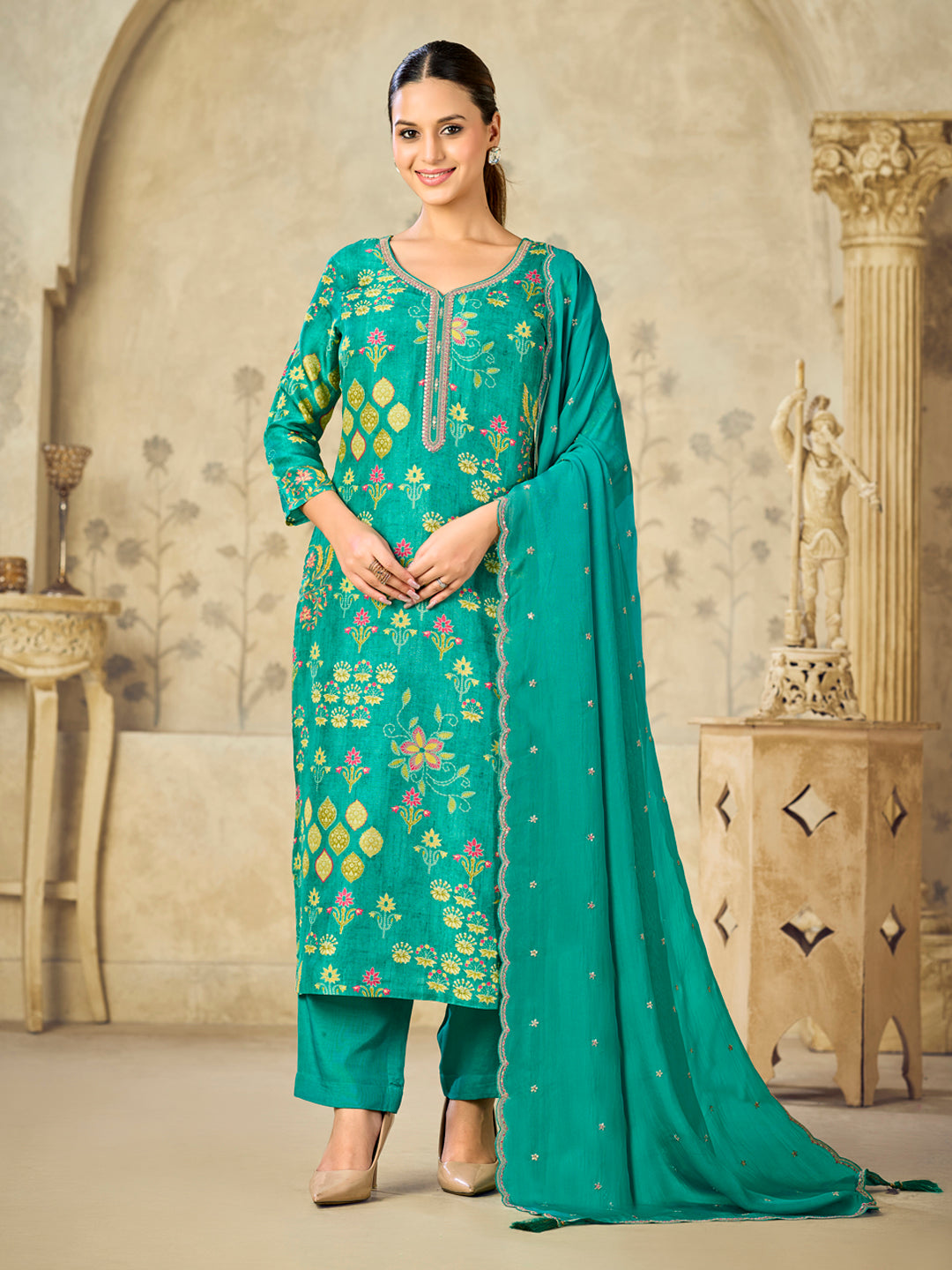 Green Printed With Handwork Straight Kurta With Dyed Trousers And Embroidered Dupatta