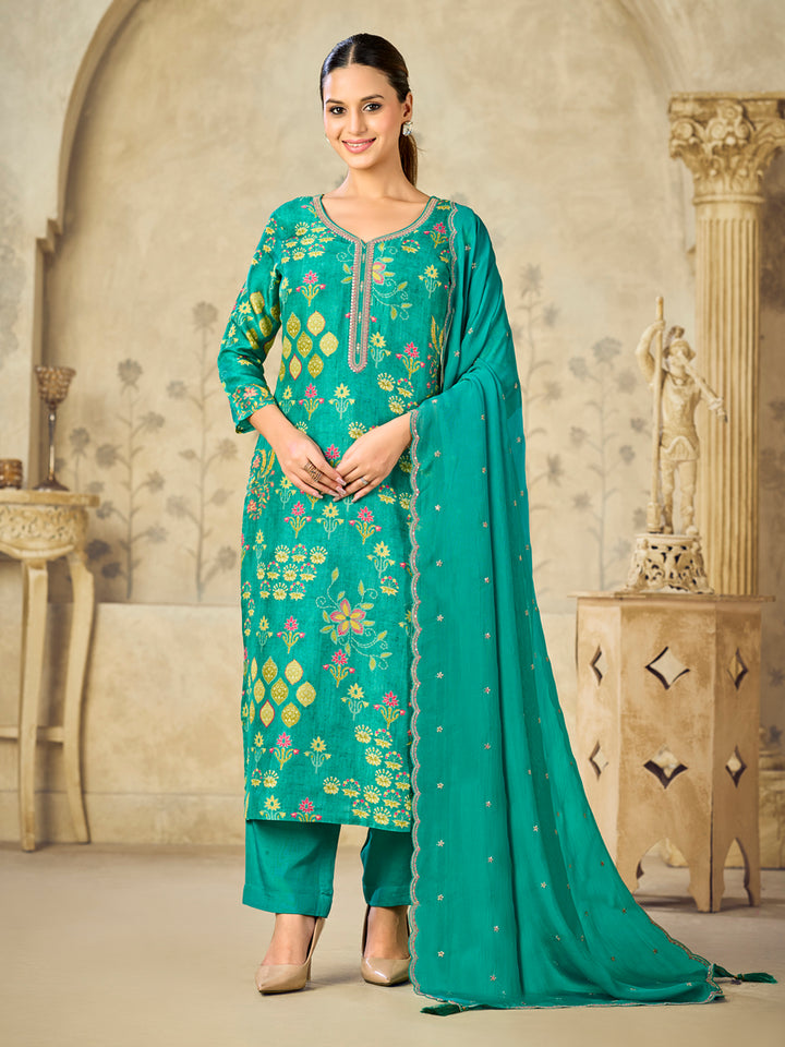 Green Printed With Handwork Straight Kurta With Dyed Trousers And Embroidered Dupatta