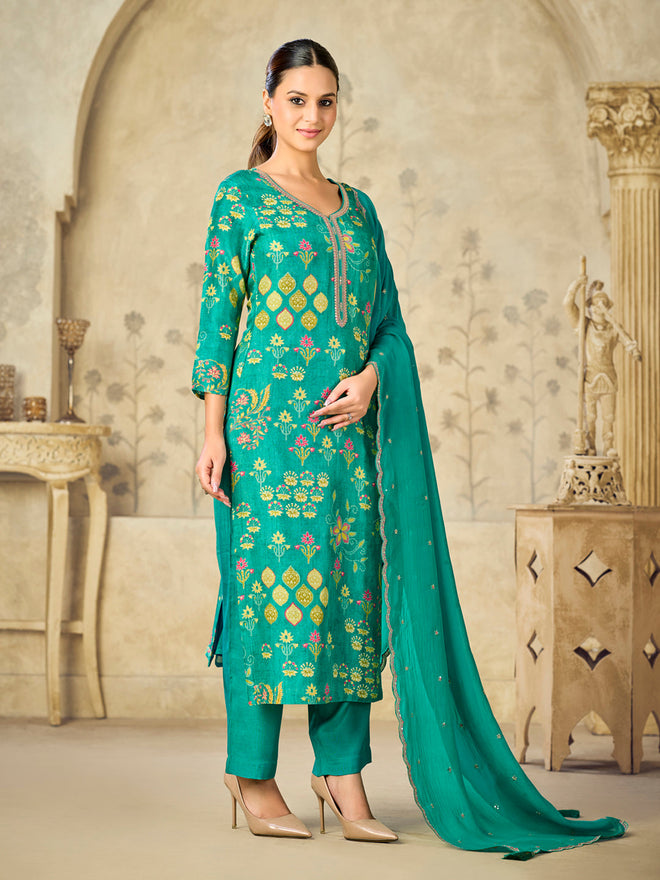 Green Printed With Handwork Straight Kurta With Dyed Trousers And Embroidered Dupatta
