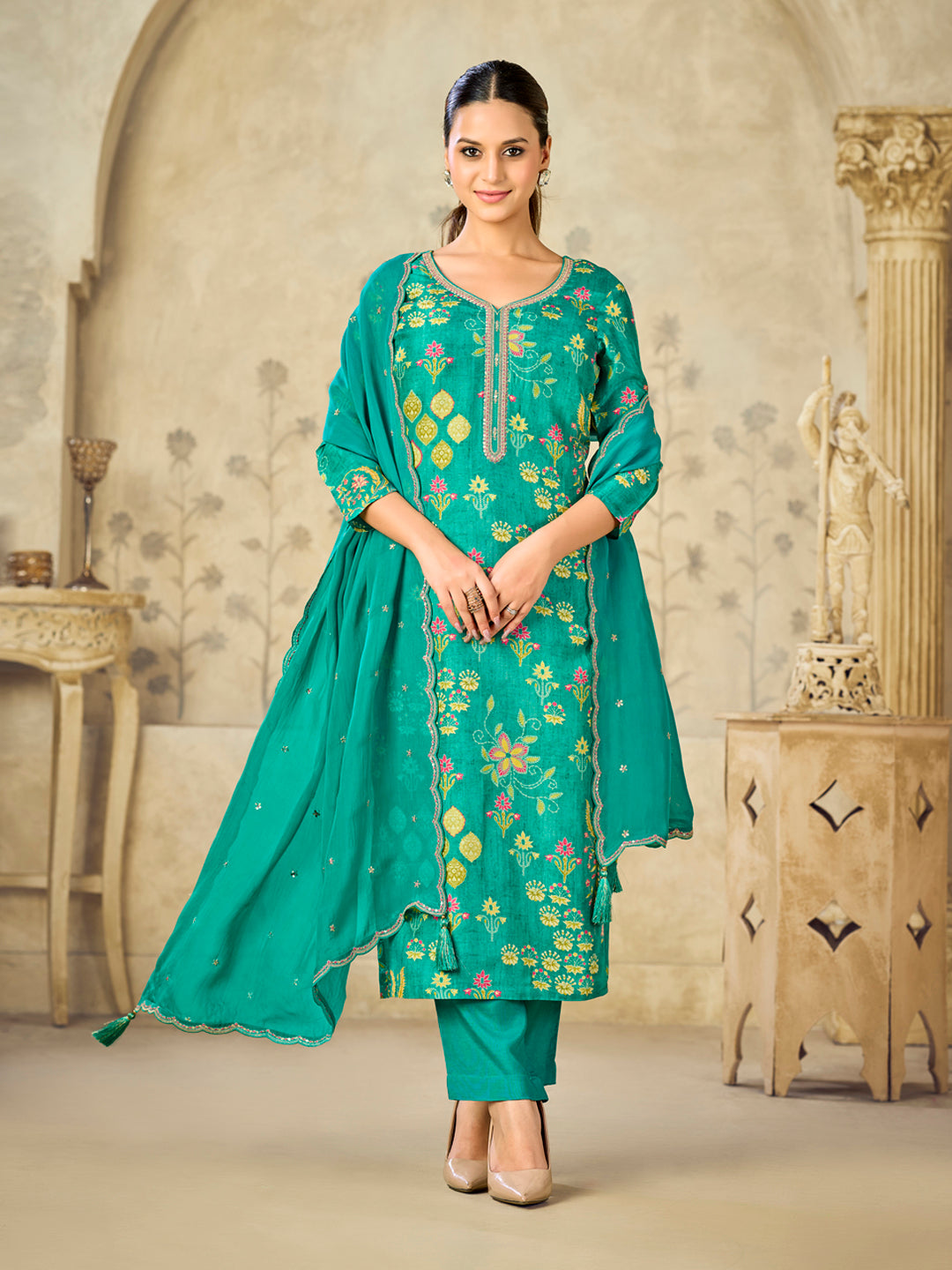 Green Printed With Handwork Straight Kurta With Dyed Trousers And Embroidered Dupatta