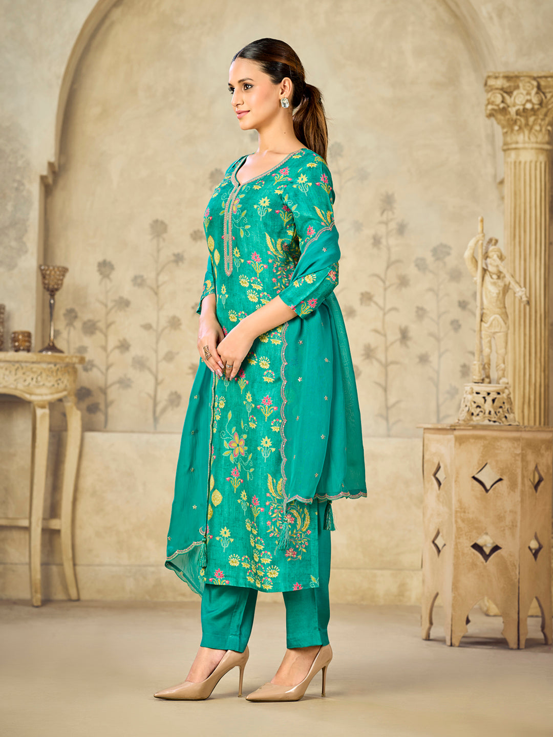 Green Printed With Handwork Straight Kurta With Dyed Trousers And Embroidered Dupatta