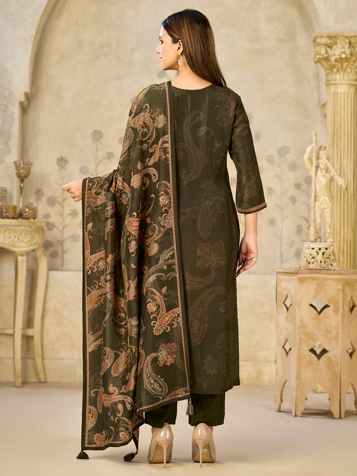 Olive Printed With Handwork Straight Kurta With Dyed Trousers And Printed Dupatta