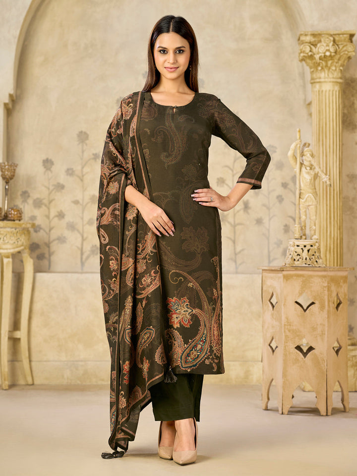Olive Printed With Handwork Straight Kurta With Dyed Trousers And Printed Dupatta