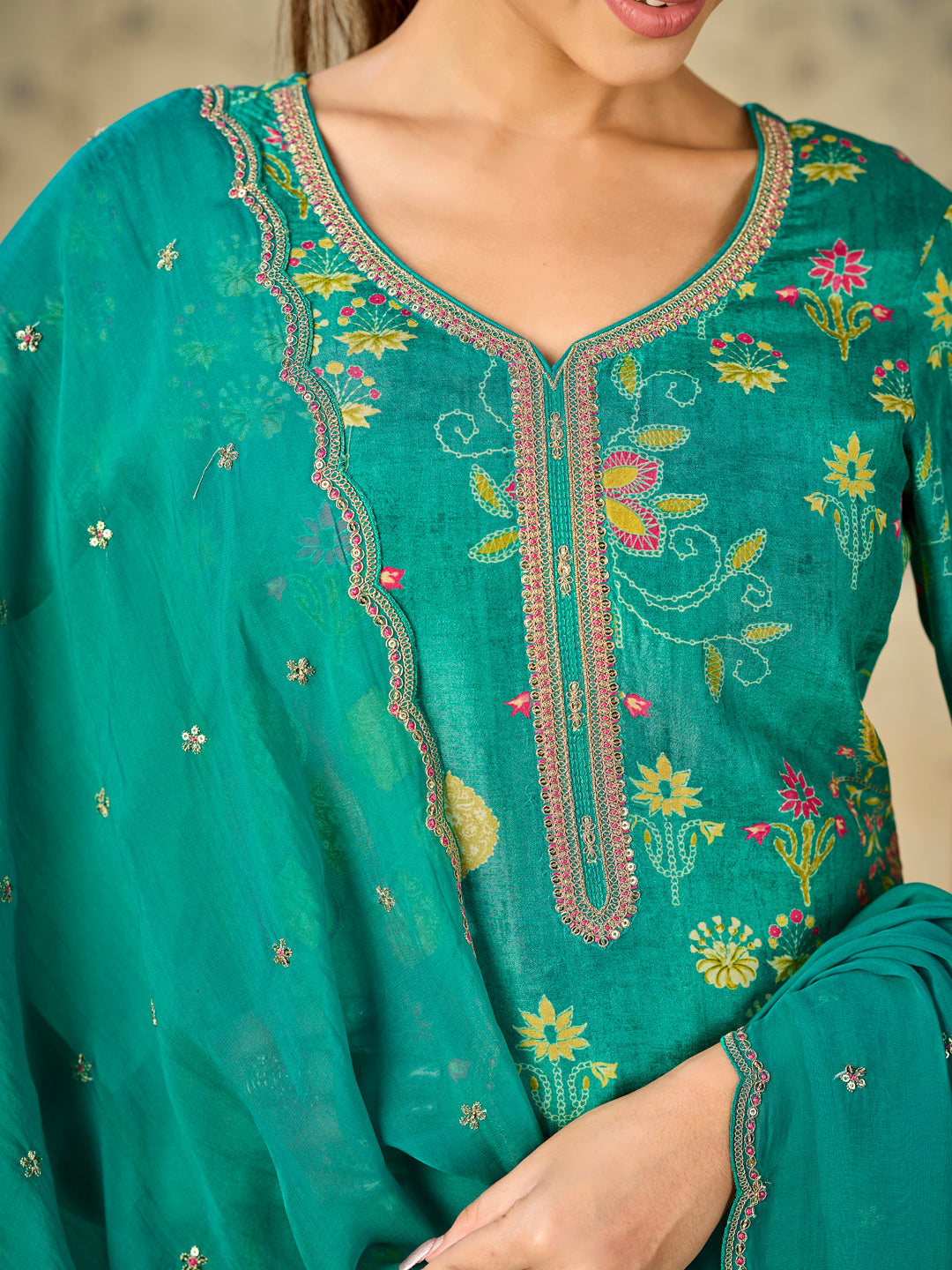 Green Printed With Handwork Straight Kurta With Dyed Trousers And Embroidered Dupatta