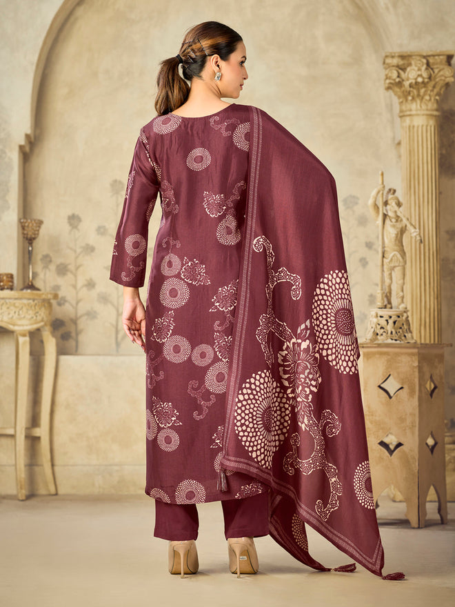 Maroon Big Flower Printed With Handwork Straight Kurta With Dyed Trousers And Big Flower Printed Dupatta