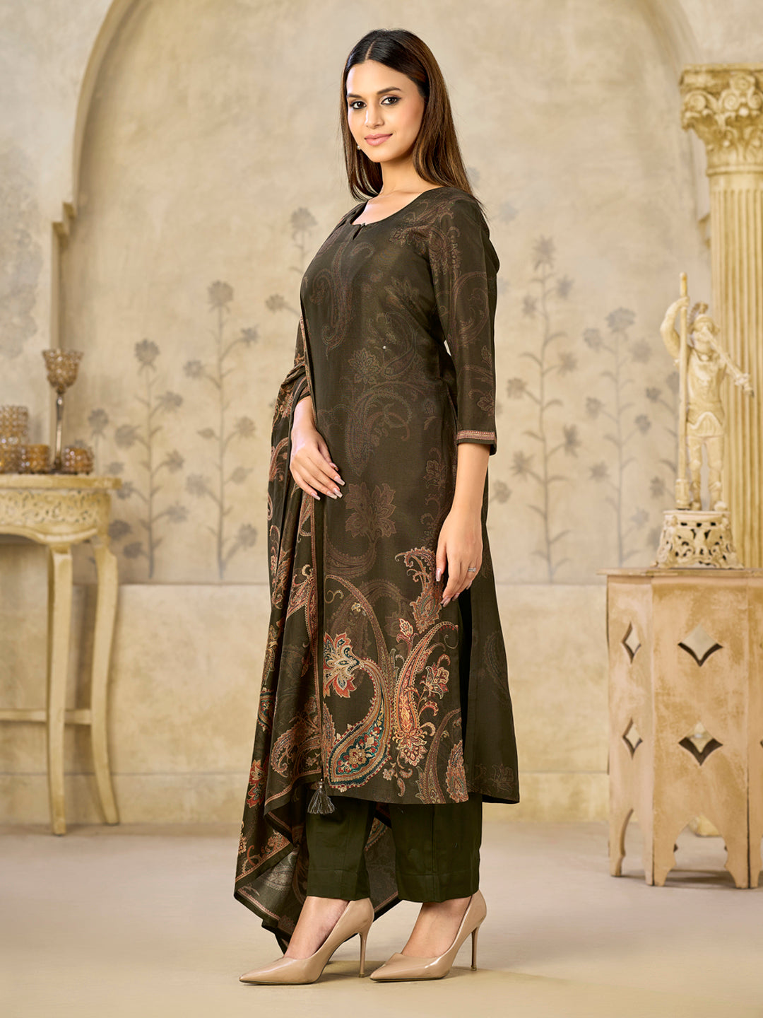 Olive Printed With Handwork Straight Kurta With Dyed Trousers And Printed Dupatta