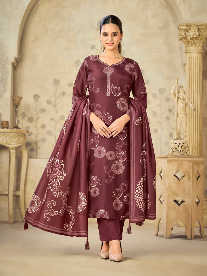 Maroon Printed With Handwork Straight Kurta With Dyed Trousers And Printed Dupatta