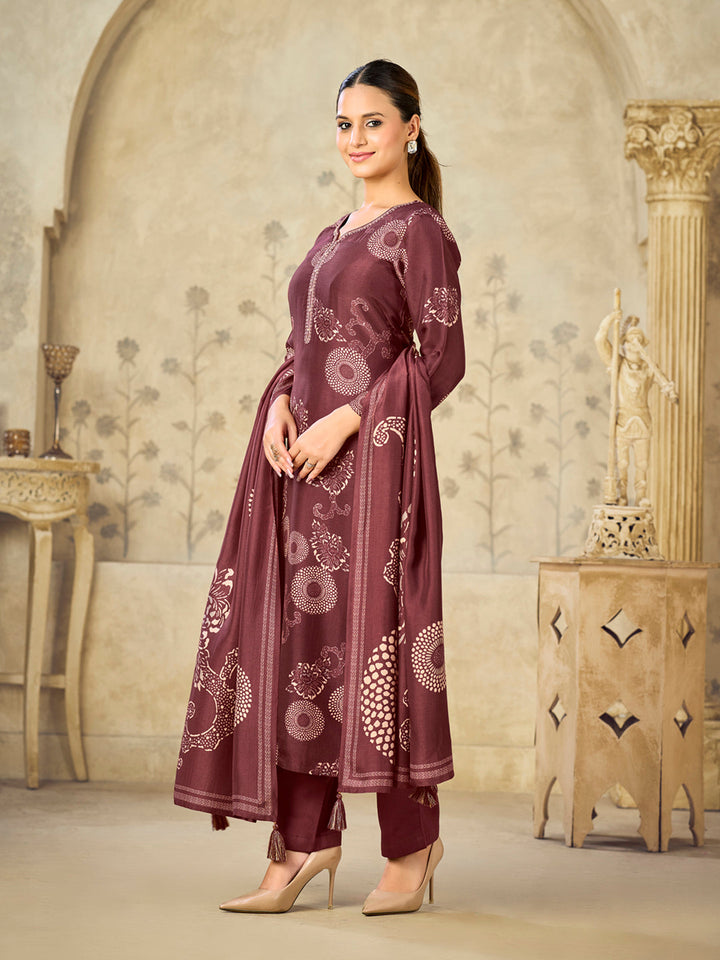 Maroon Printed With Handwork Straight Kurta With Dyed Trousers And Printed Dupatta