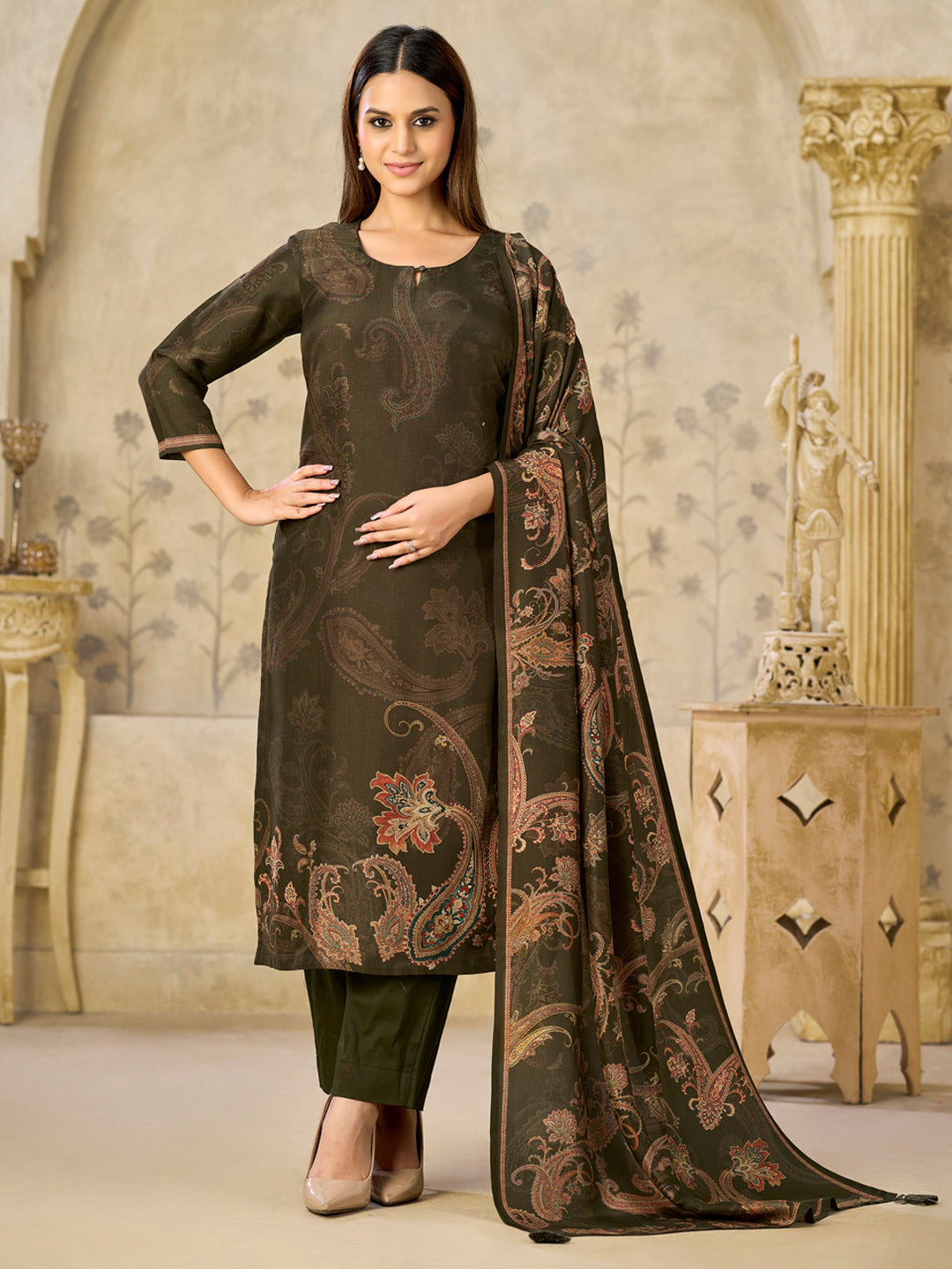 Olive Printed With Handwork Straight Kurta With Dyed Trousers And Printed Dupatta