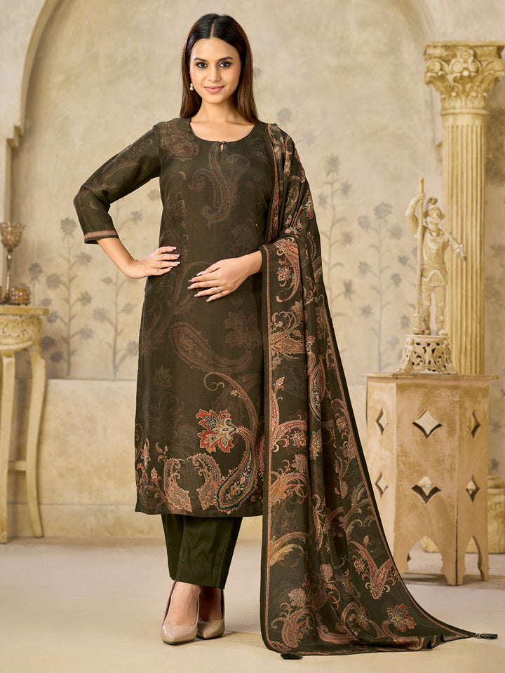 Olive Printed With Handwork Straight Kurta With Dyed Trousers And Printed Dupatta