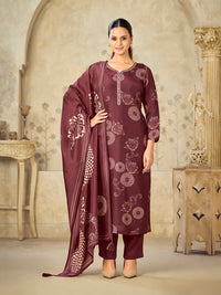 Maroon Big Flower Printed With Handwork Straight Kurta With Dyed Trousers And Big Flower Printed Dupatta