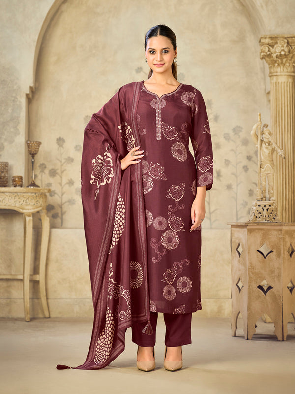 Maroon Big Flower Printed With Handwork Straight Kurta With Dyed Trousers And Big Flower Printed Dupatta