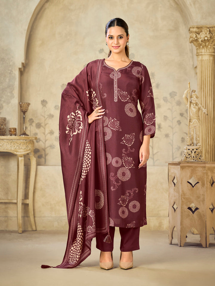 Maroon Printed With Handwork Straight Kurta With Dyed Trousers And Printed Dupatta
