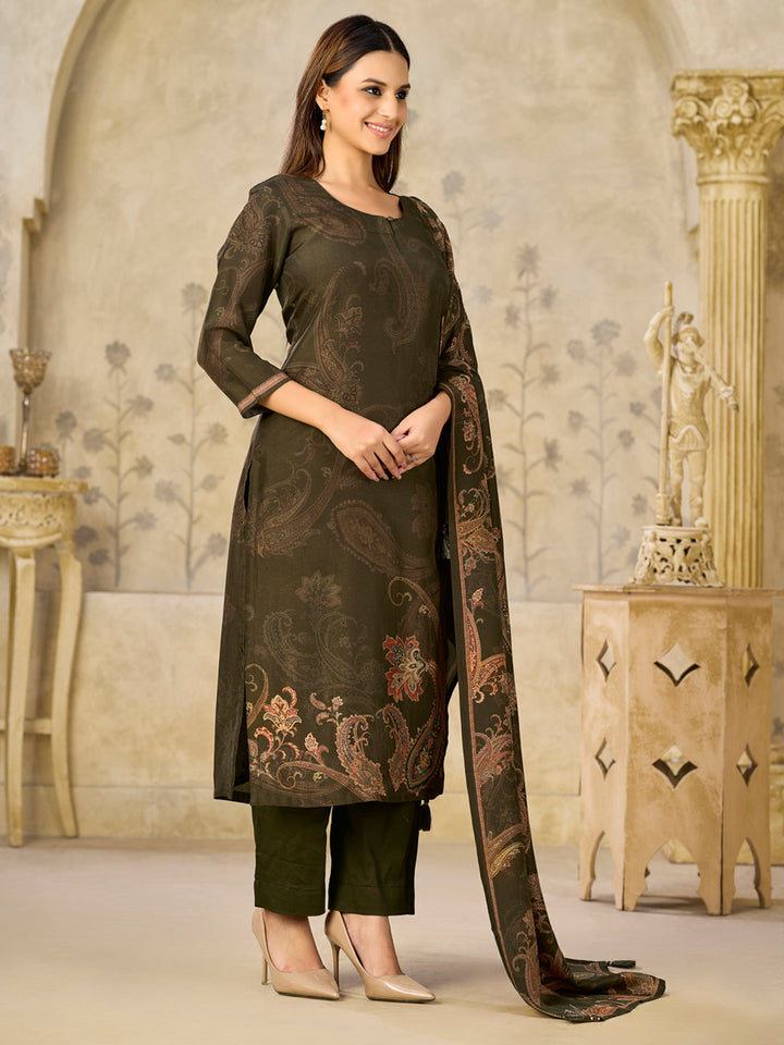 Olive Printed With Handwork Straight Kurta With Dyed Trousers And Printed Dupatta